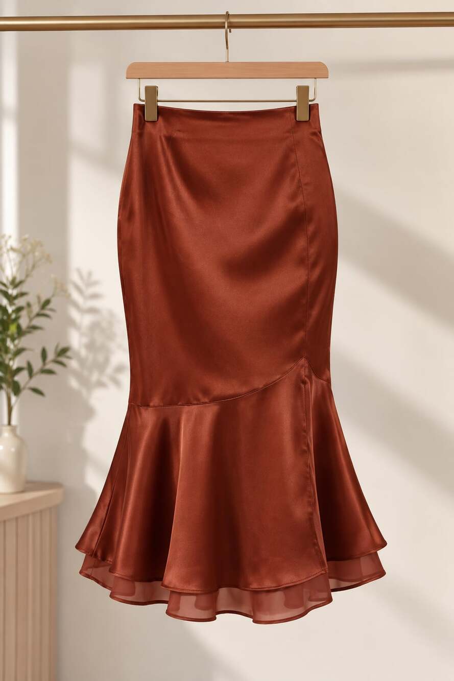 DERAX Satin Midi Mermaid Skirt Size L Brown Red Fishtail Ruffled